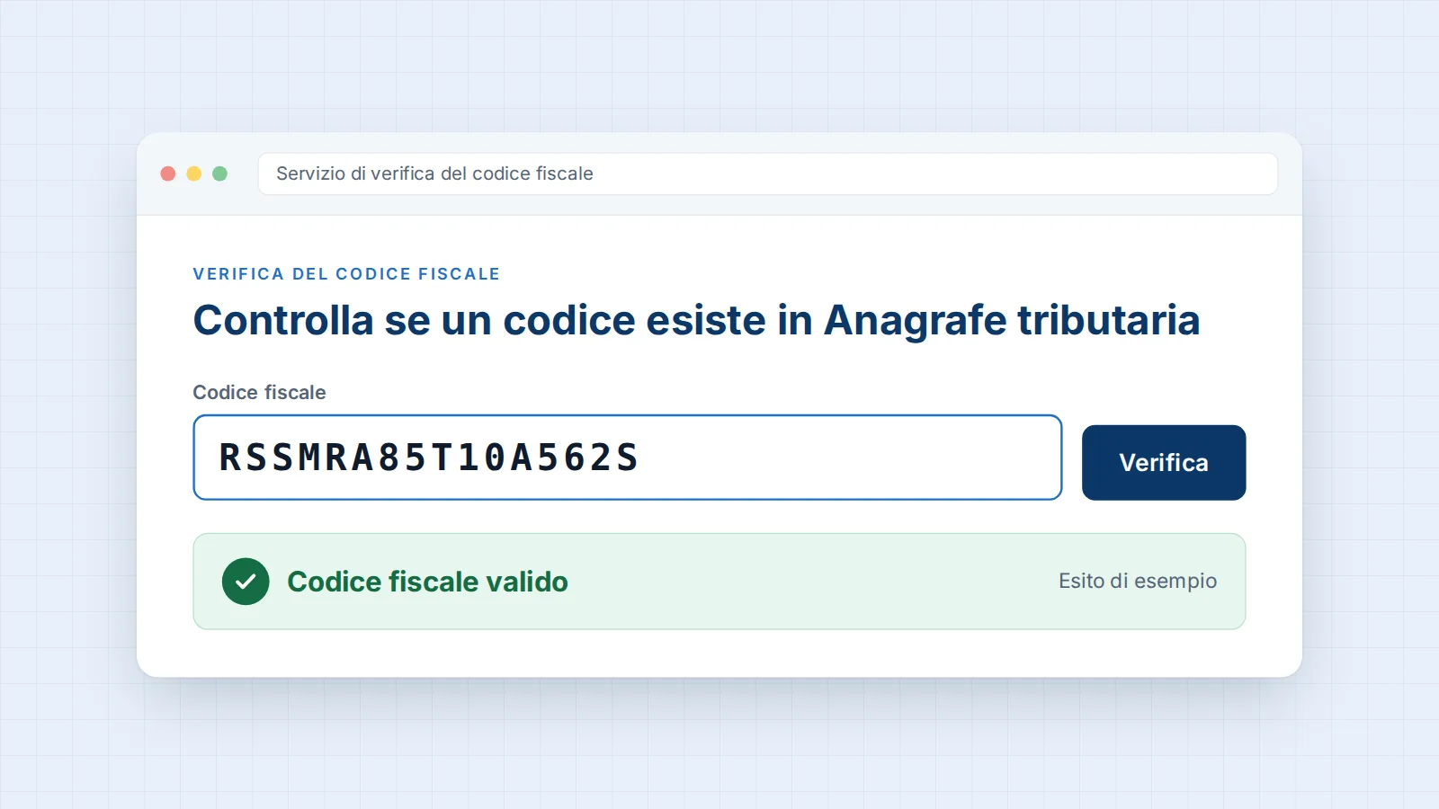 Verifica del codice fiscale RSSMRA85T10A562S con esito "Codice fiscale valido" nel servizio online dell'Agenzia delle Entrate