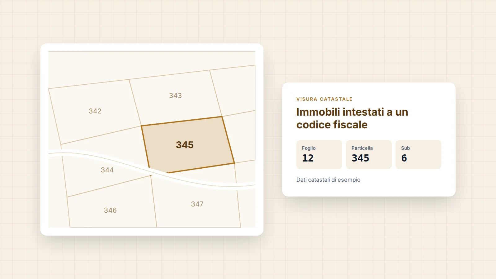 Visura catastale per codice fiscale: mappa catastale con la particella evidenziata e i dati foglio, particella e subalterno